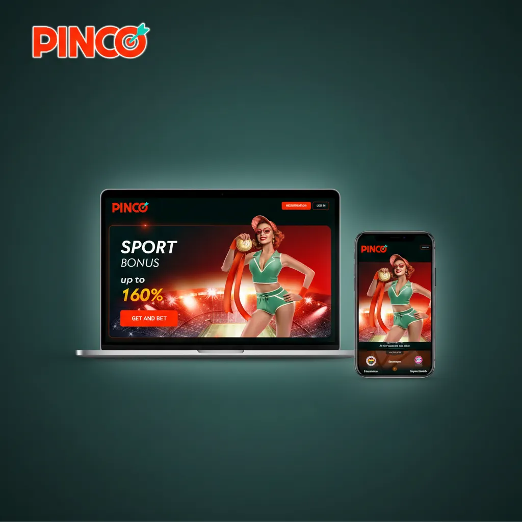 Pinco website UI with top bar: Sports, Live, Esports, Casino, plus login and cashier; consistent across desktop and mobile