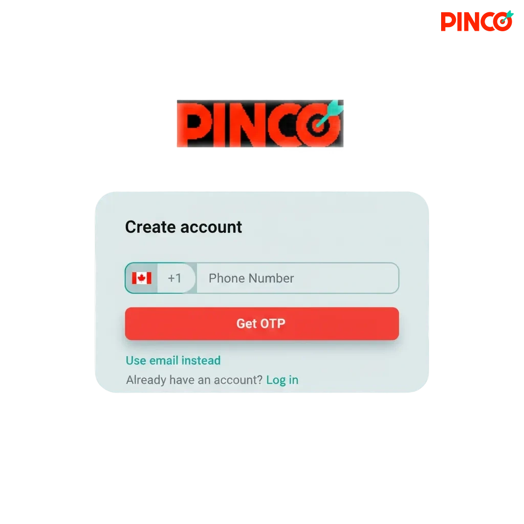 Pinco registration, login and verification flow with casino & sports, mobile app, and C$7,500 + 250 free spins bonus.