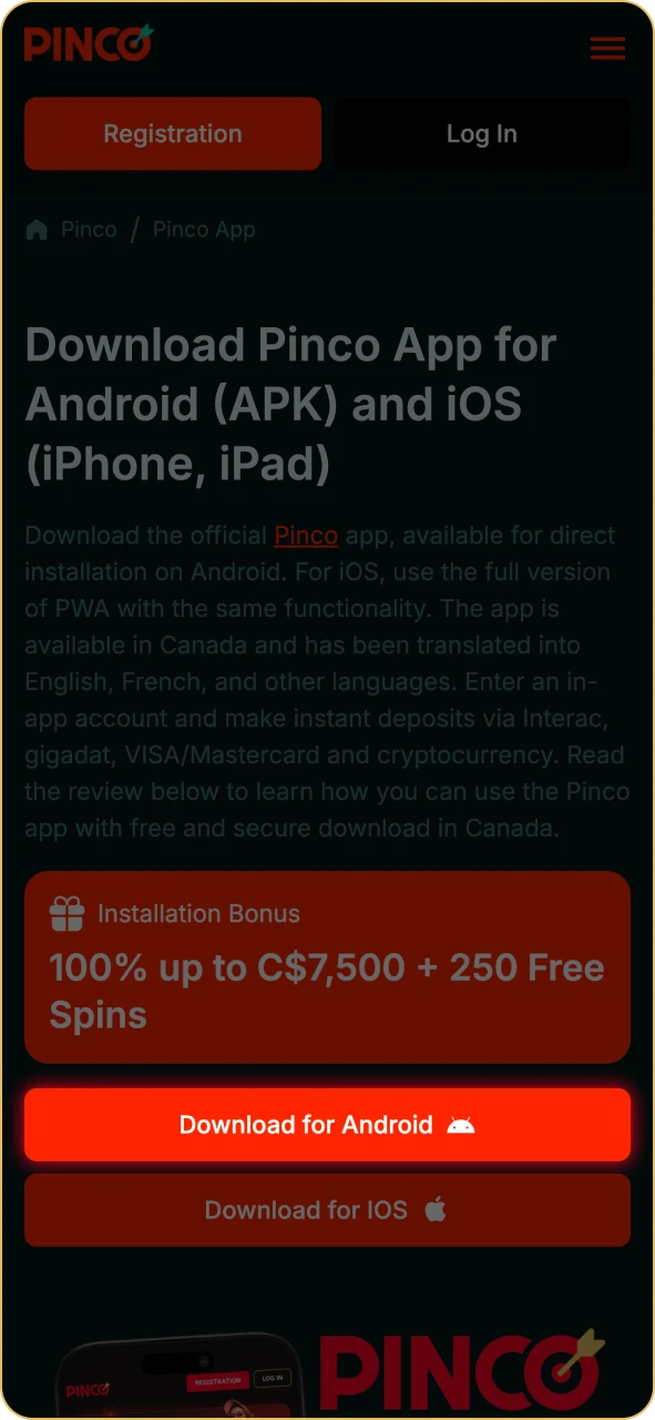 Tap the Android button on this Pinco official page.