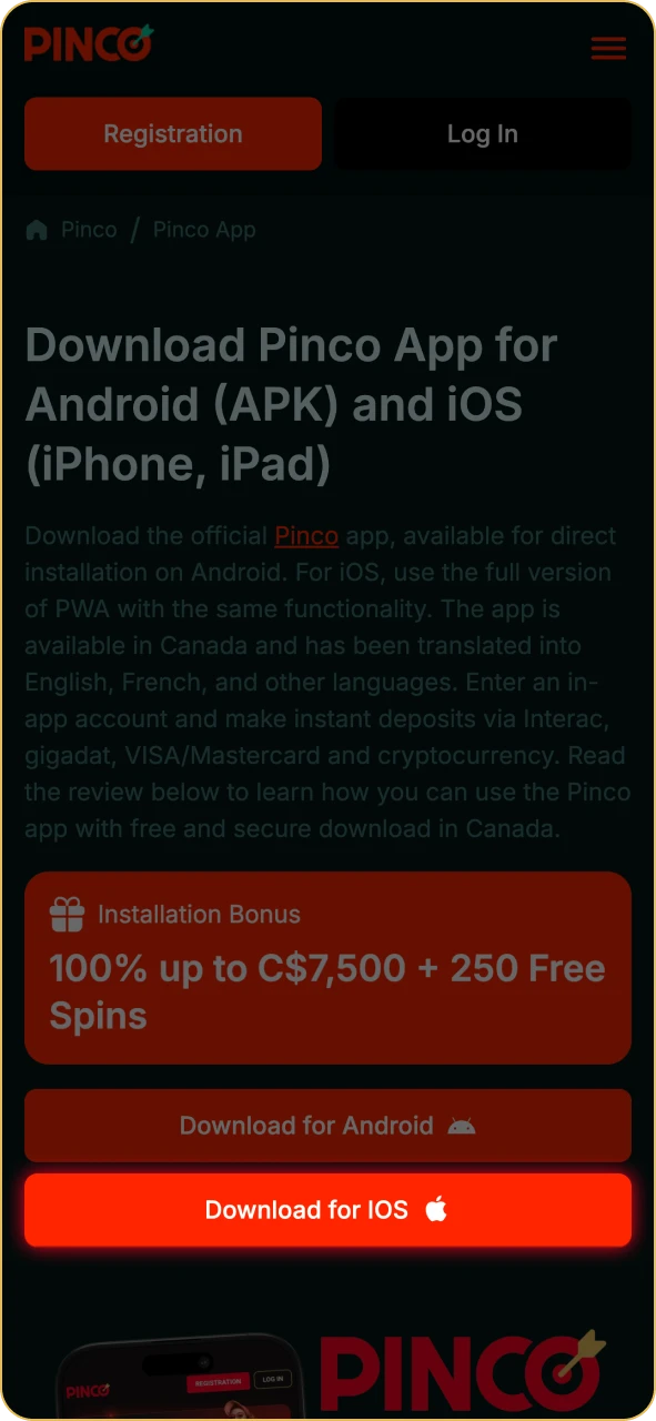 Click on the iOS button on this official Pinco page.