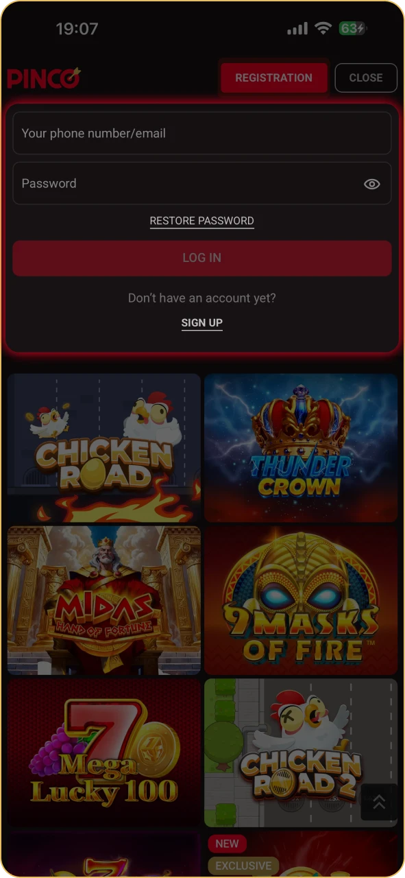 Log in or register your profile at Pinco platform.