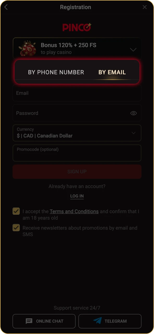 Select your preferred registration method at Pinco.