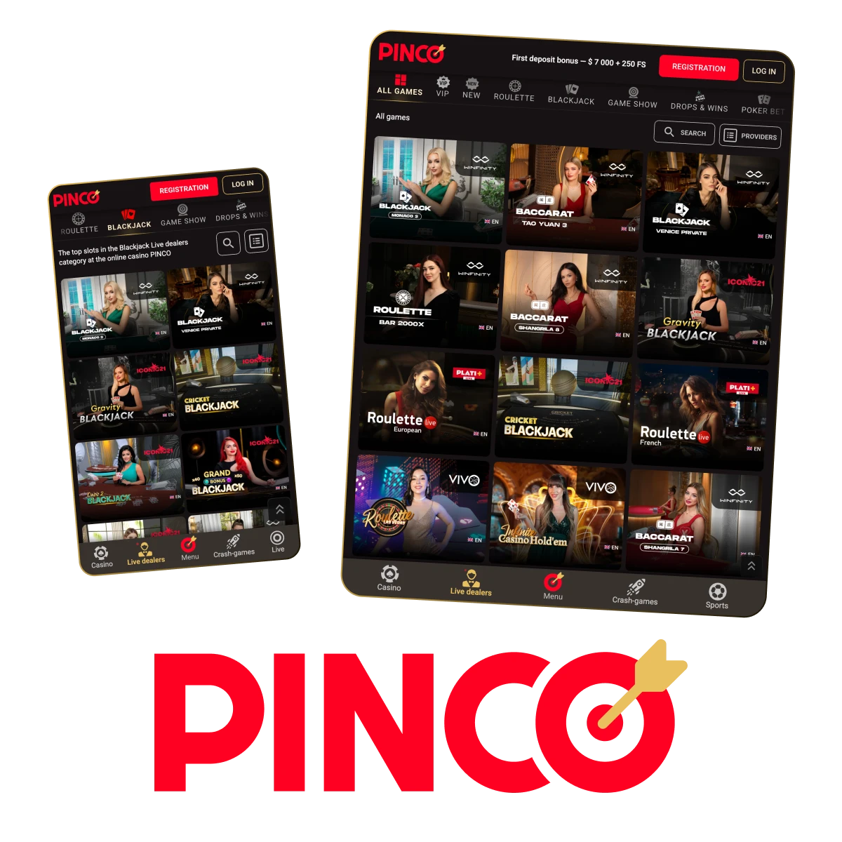 Pinco Live Casino Canada: 300+ live dealer games, Interac/Visa/Mastercard, iOS & Android apps, C$7,500 + 250 FS bonus.