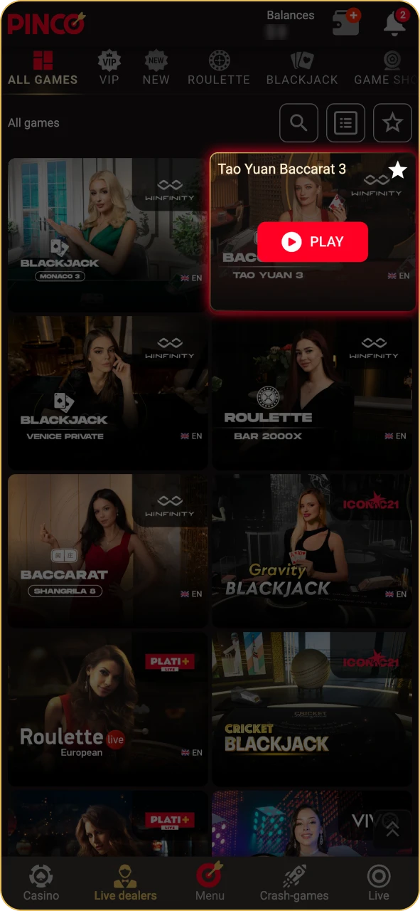 Choose Pinco live table and place your first bets.