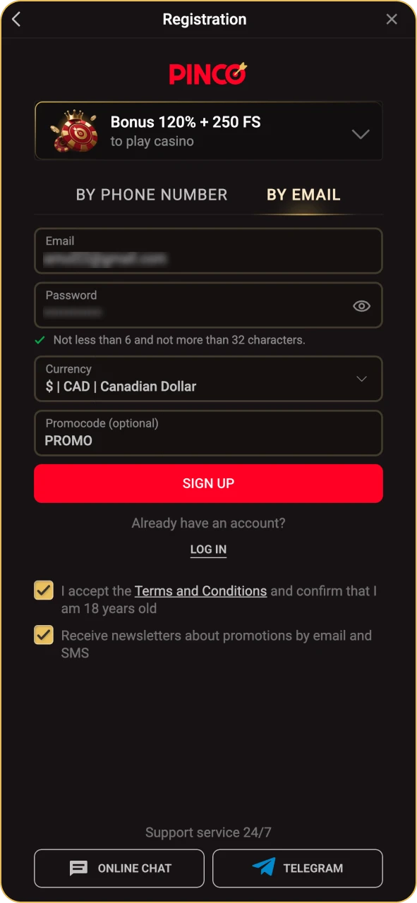 Create your account at Pinco official platform.