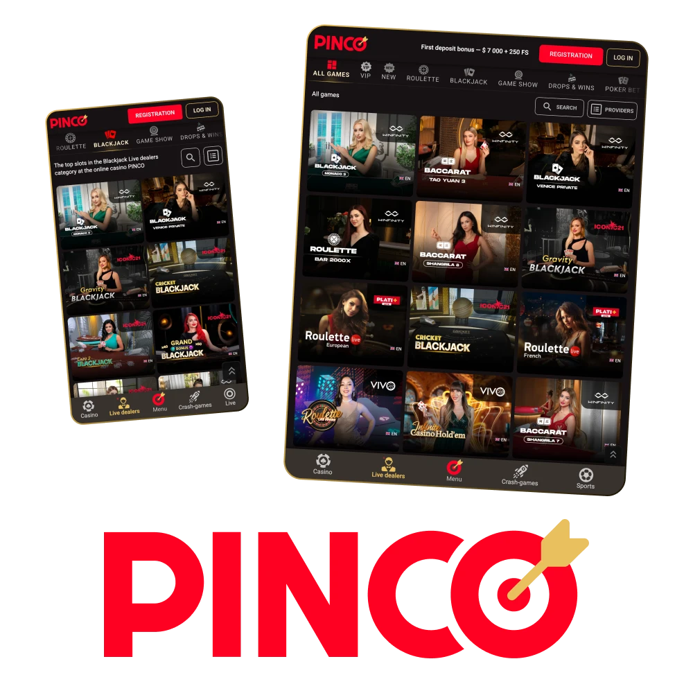 Pinco Live Casino Canada: 300+ live dealer games, Interac/Visa/Mastercard, iOS & Android apps, C$7,500 + 250 FS bonus.