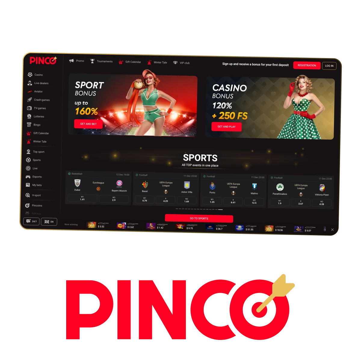 Pinco online casino and sports betting platform with promotional bonuses.