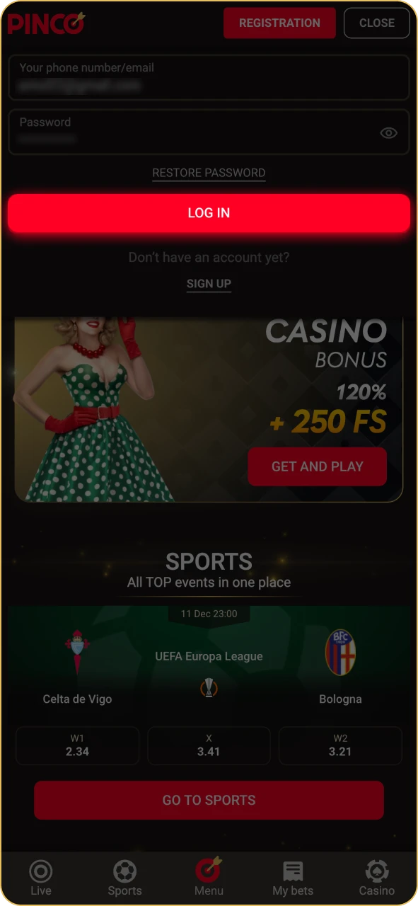 Push the button to access to your Pinco account profile.