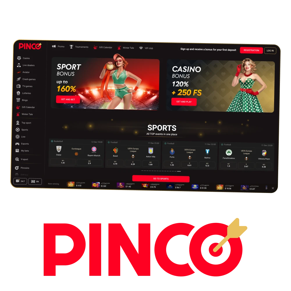 Pinco online casino and sports betting platform with promotional bonuses.