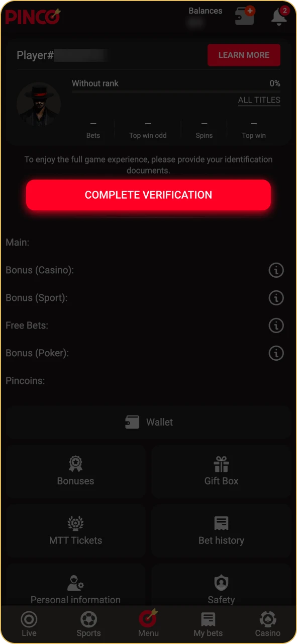 Open the Identity Verification section on Pinco profile.
