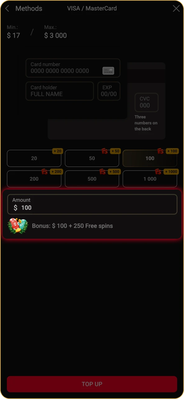 Enter a deposit amount that fits Pinco offer limits.