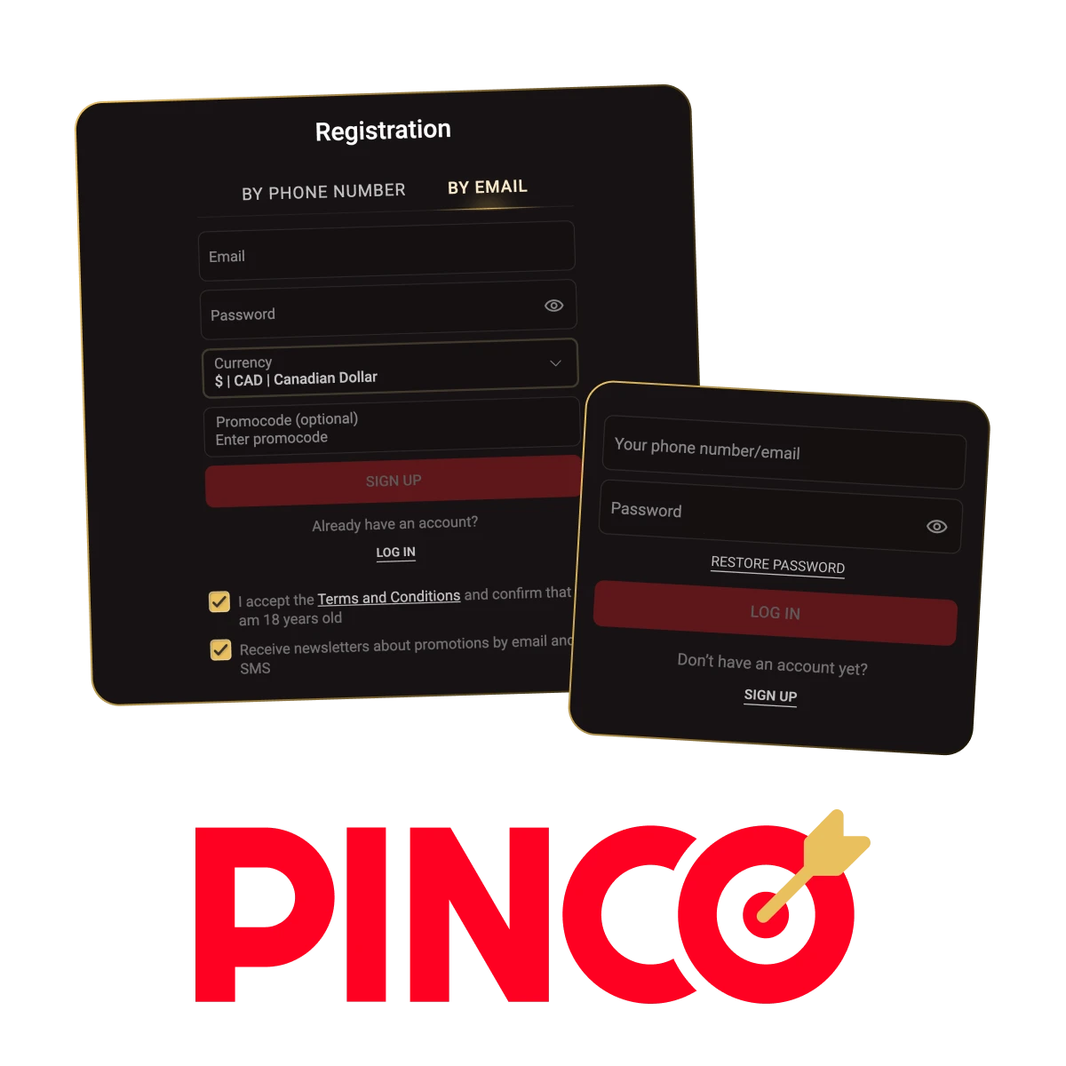 Pinco registration, login and verification flow with casino & sports, mobile app, and C$7,500 + 250 free spins bonus.