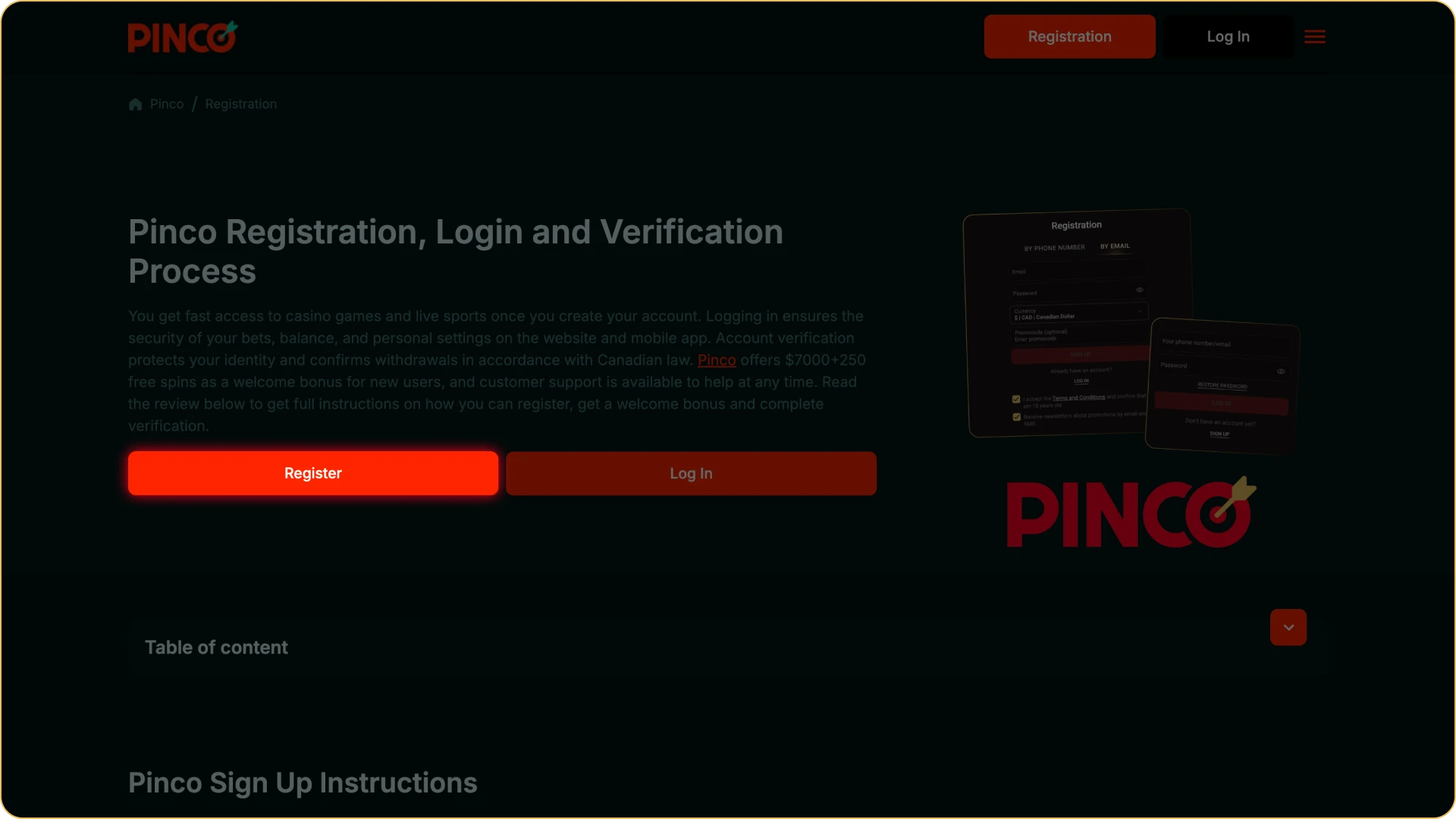 Click the button to start the registration on Pinco site.