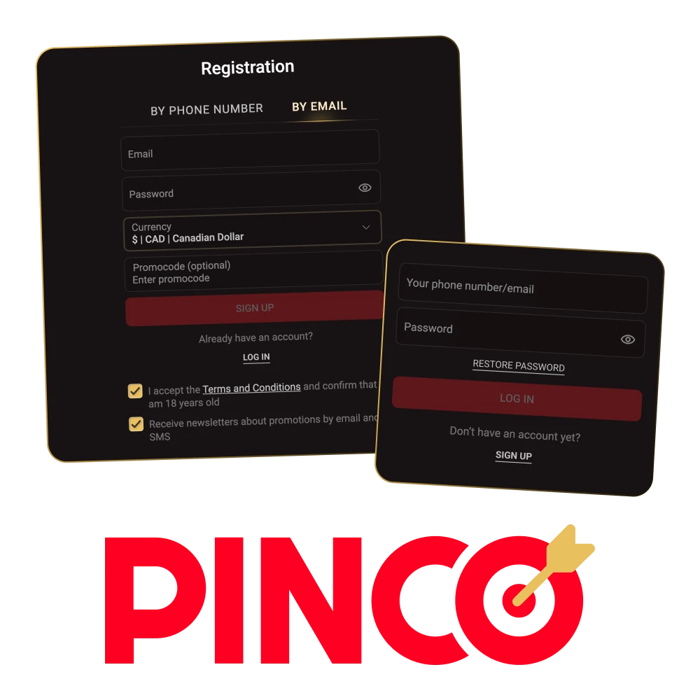Pinco registration, login and verification flow with casino & sports, mobile app, and C$7,500 + 250 free spins bonus.