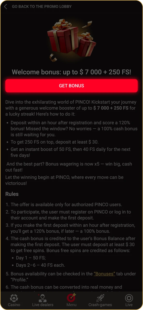 Confirm your Pinco bonus before spinning.