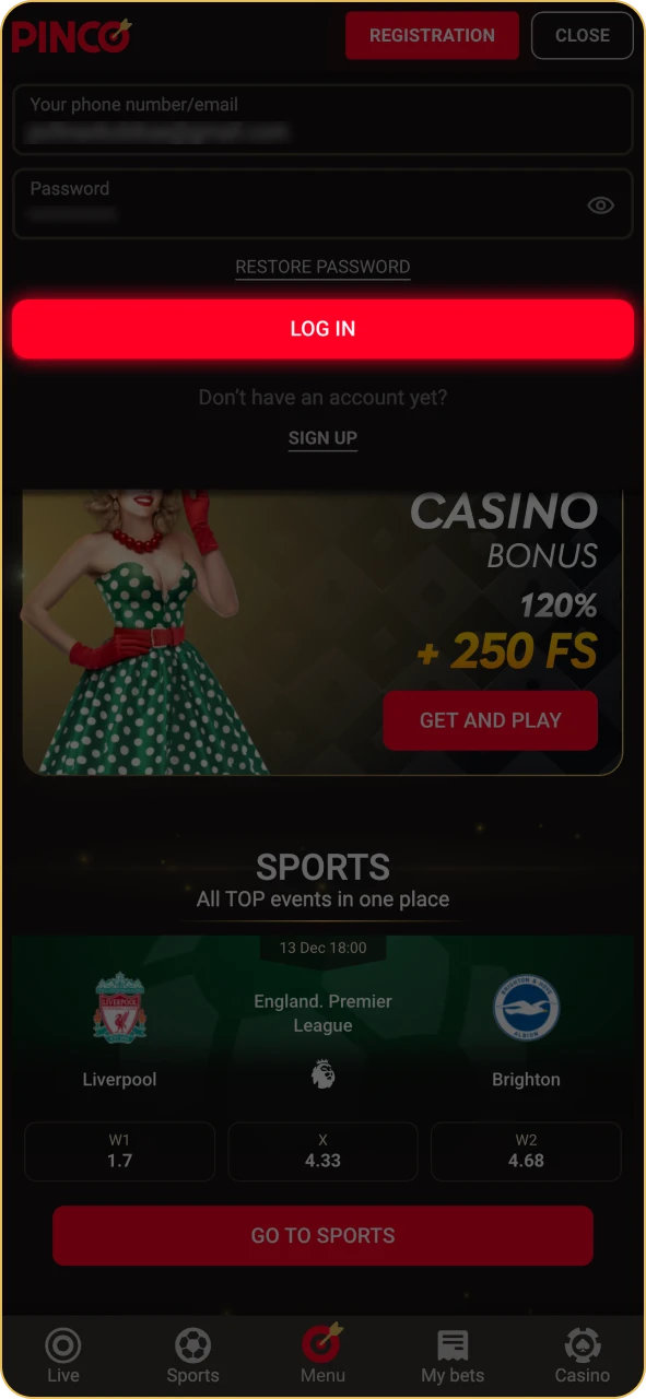 Start with logging into your Pinco account.