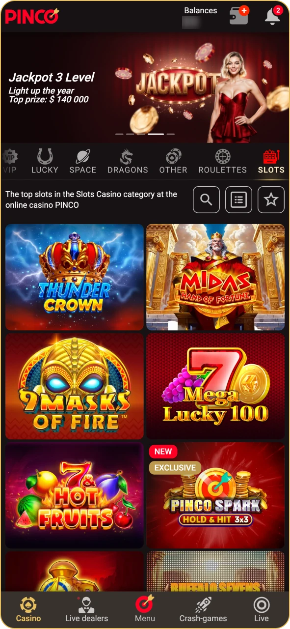 Open the slots lobby at Pinco platform.