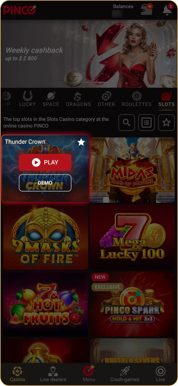 Try demo versions of Pinco slots or play with real money.