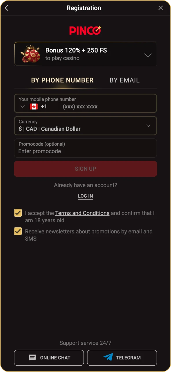 Start creating your Pinco account for sports betting.