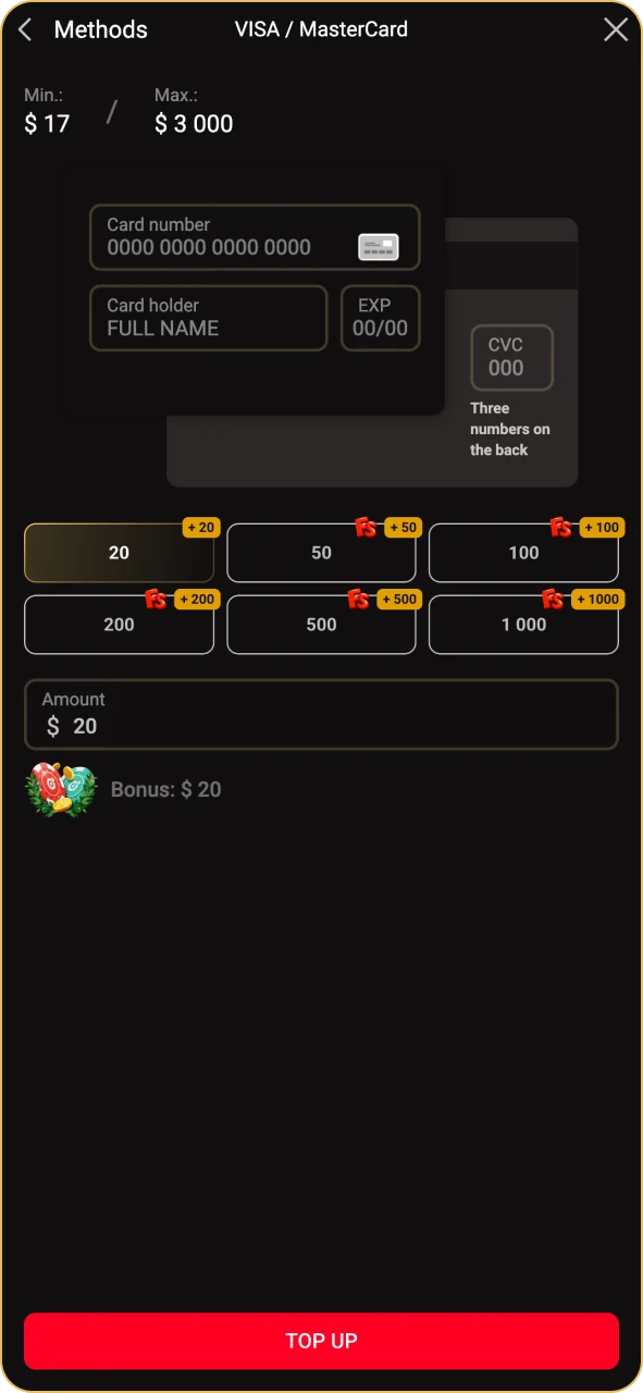 Top up your Pinco account and start betting.