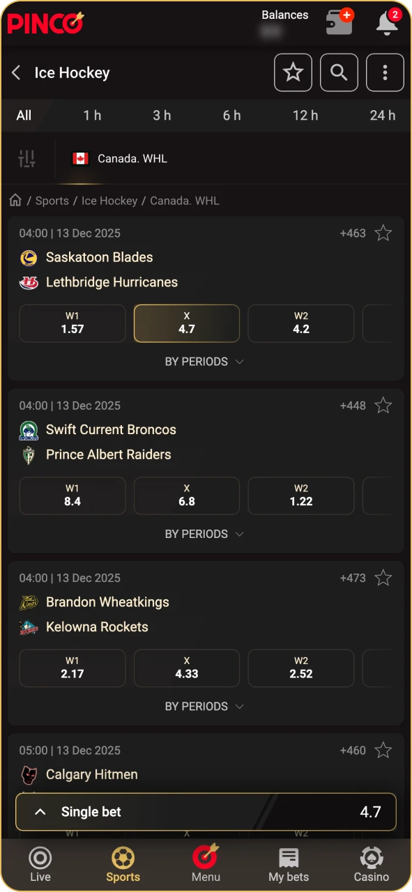 Select a sport and a market at Pinco website.